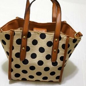 Cute Y2K Beige & Black Polka Dot Top Handle Canvas Small Tote Bag